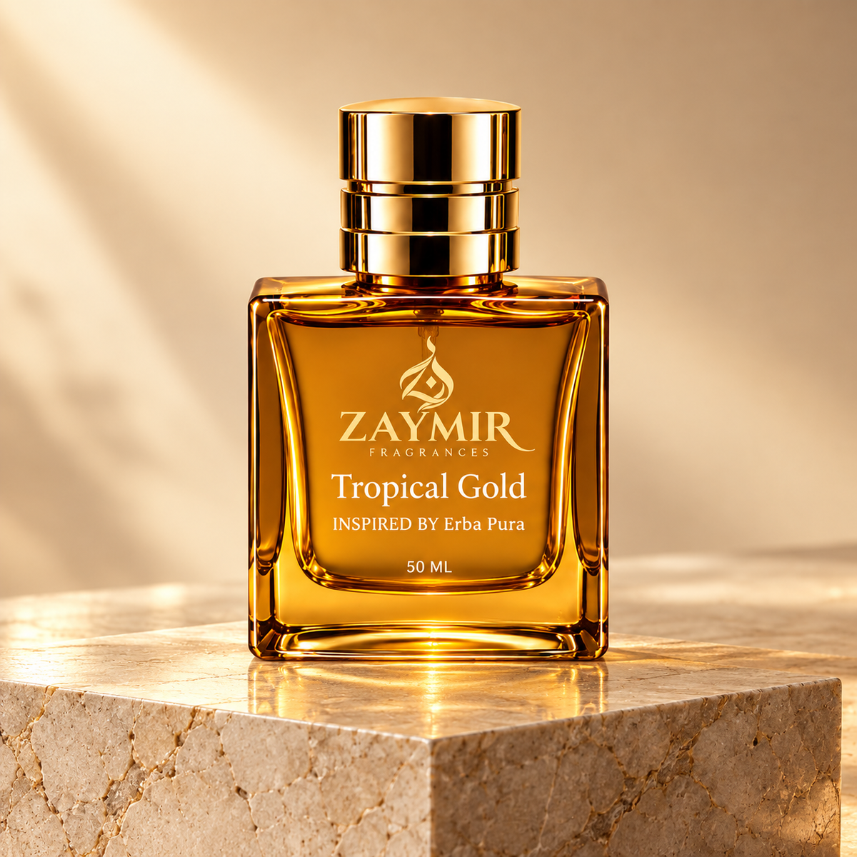 Zaymir Tropical Gold Perfume 50ml - dark luxury editorial setting
