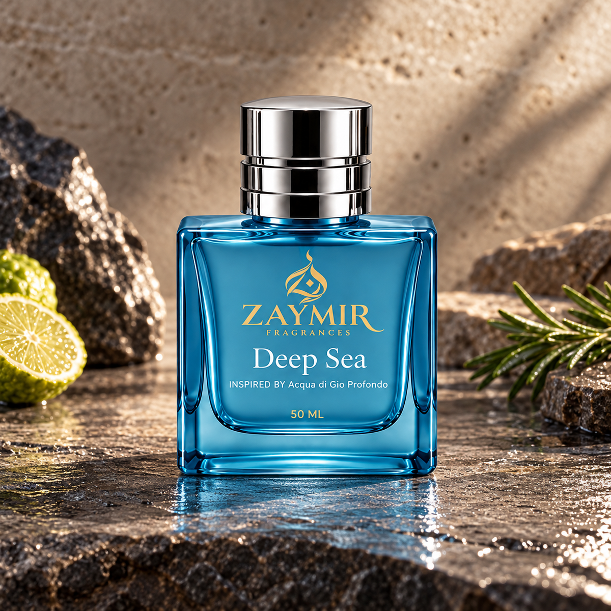 Zaymir Deep Sea Perfume 50ml - dark luxury editorial setting