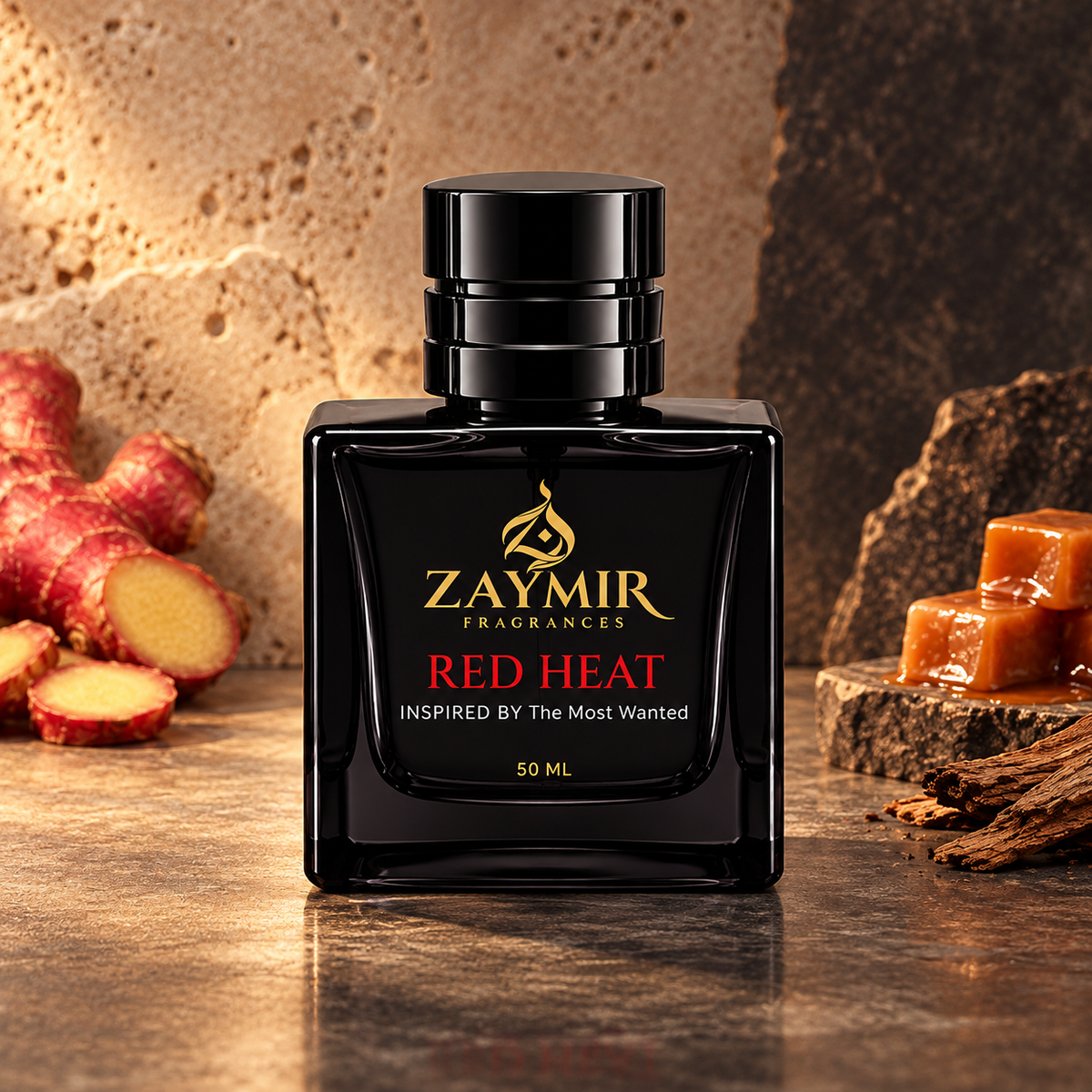 Zaymir Red Heat Perfume 50ml - dark luxury editorial setting