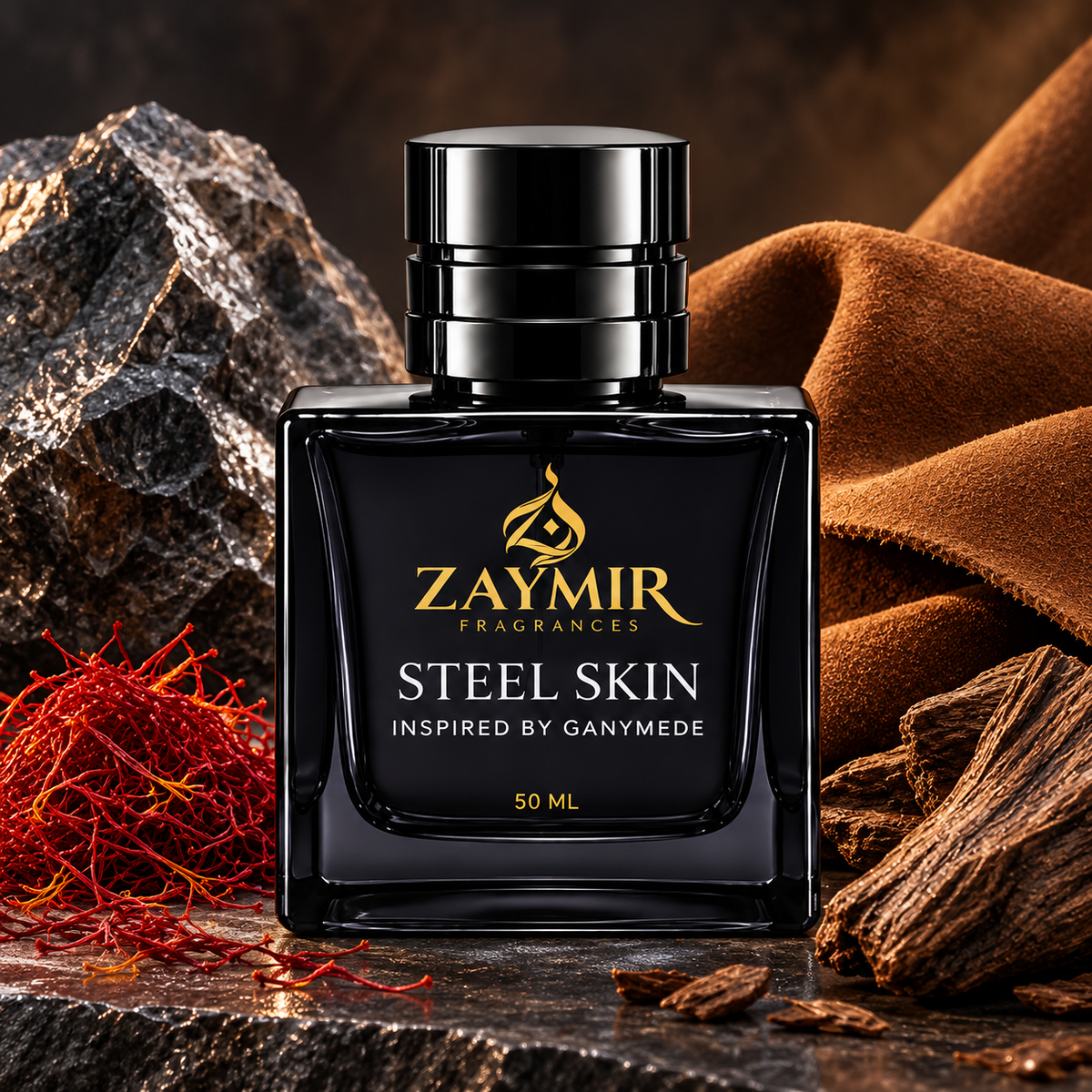 Zaymir Steel Skin Perfume 50ml - dark luxury editorial setting