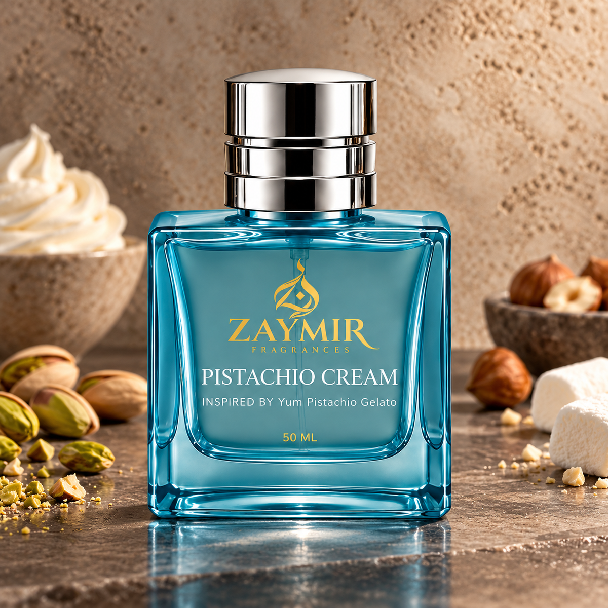Zaymir Pistachio Cream Perfume 50ml - dark luxury editorial setting