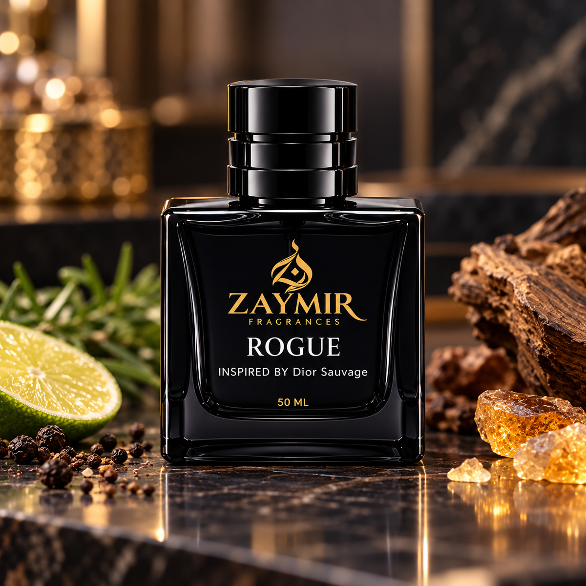 Zaymir Rogue Perfume 50ml - dark luxury editorial setting