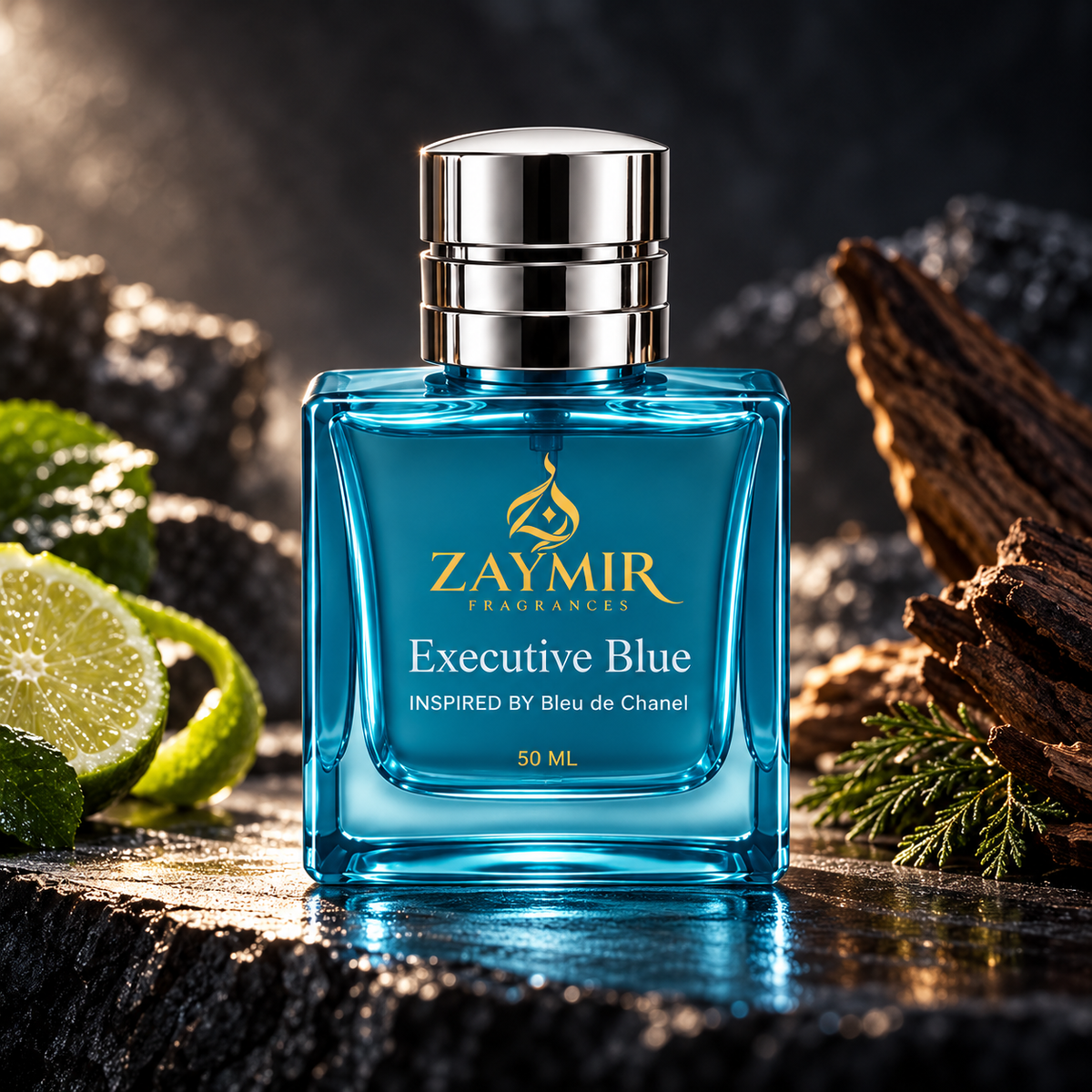 Zaymir Executive Blue Perfume 50ml - dark luxury editorial setting