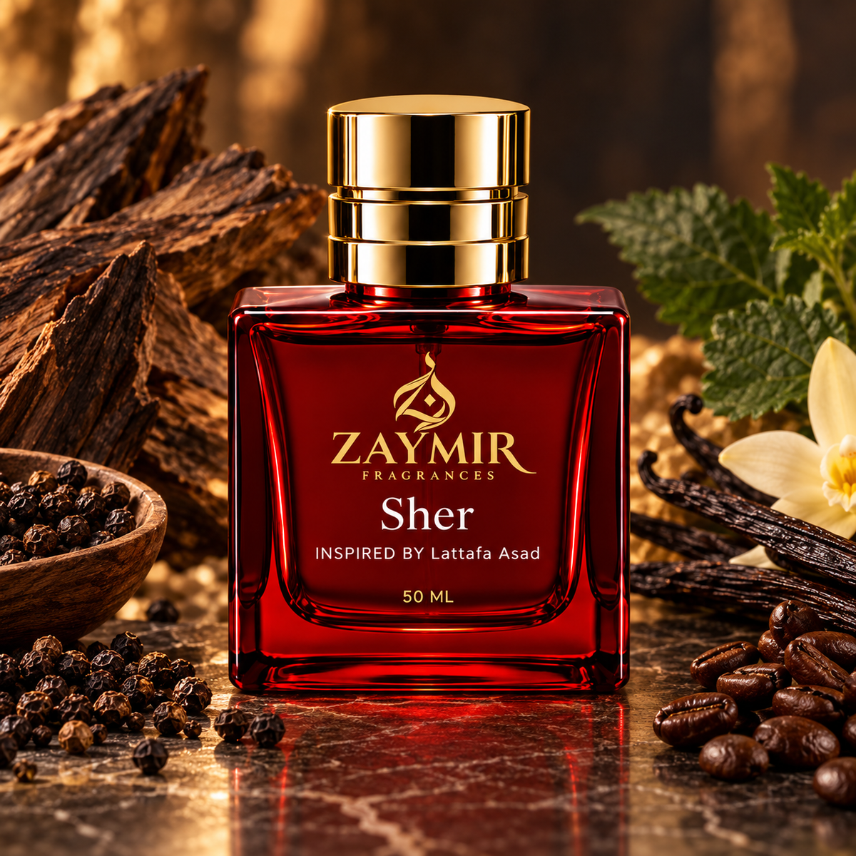 Zaymir Sher Perfume 50ml - dark luxury editorial setting