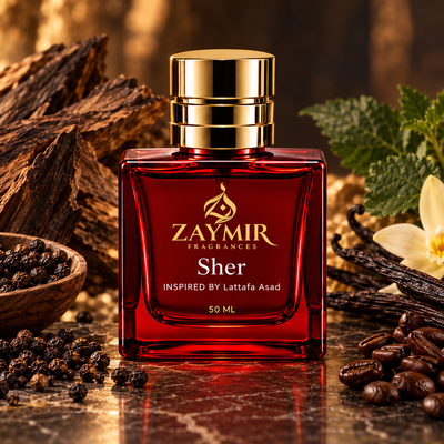 Zaymir Sher Perfume 50ml - dark luxury editorial setting