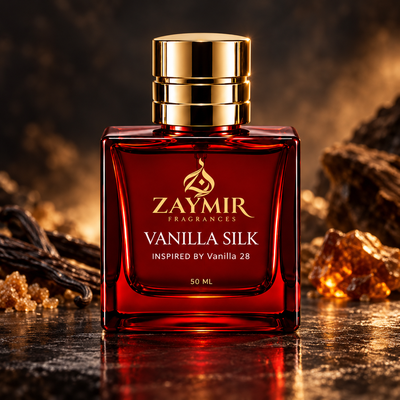 Zaymir Vanilla Silk Perfume 50ml - dark luxury editorial setting