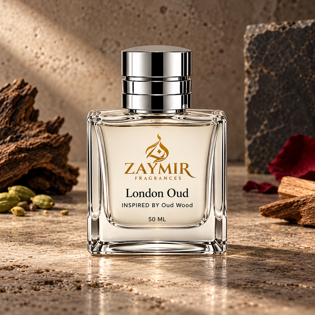 Zaymir London Oud Perfume 50ml - dark luxury editorial setting