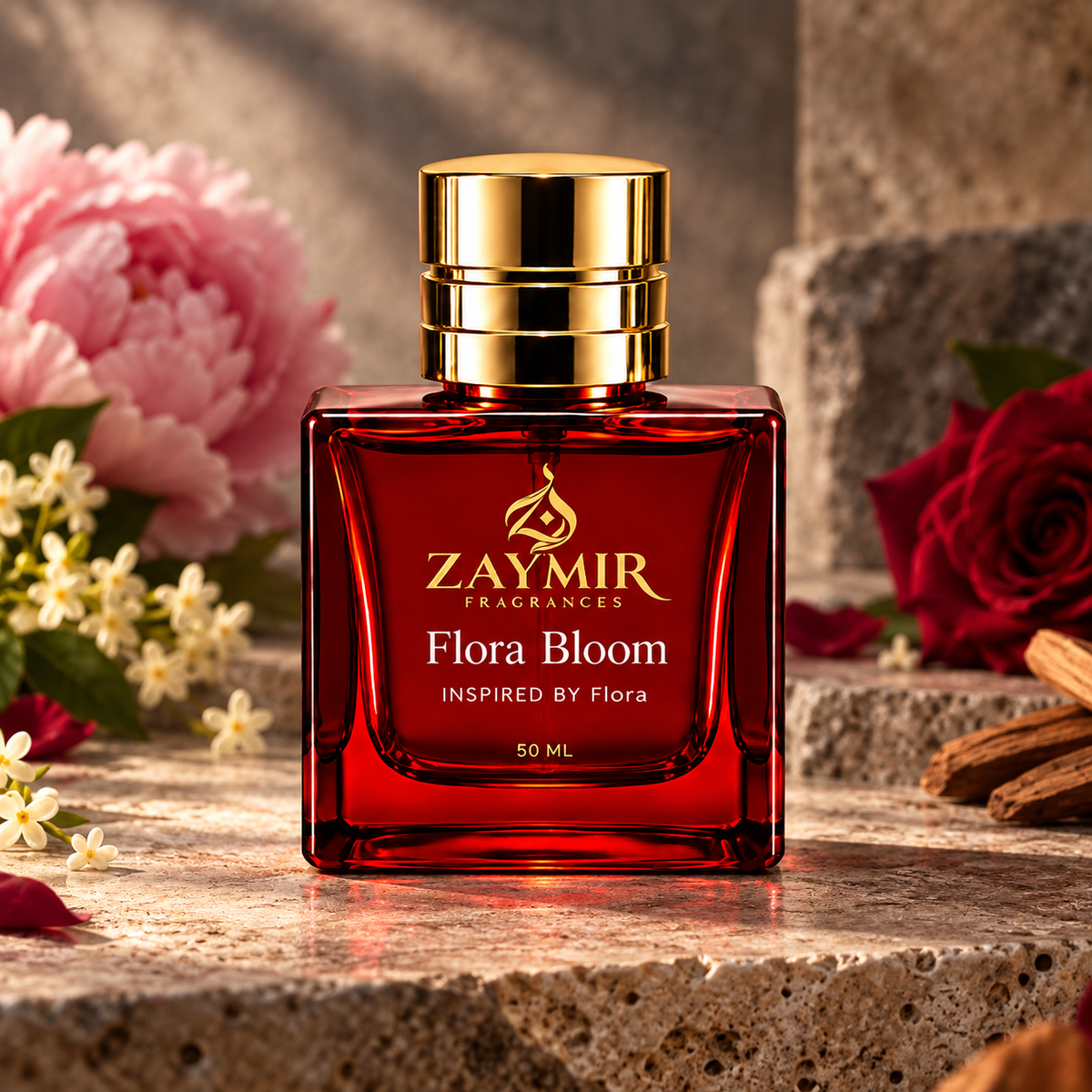 Zaymir Flora Bloom Perfume 50ml - dark luxury editorial setting