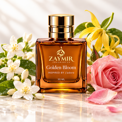 Zaymir Golden Bloom Perfume 50ml - dark luxury editorial setting